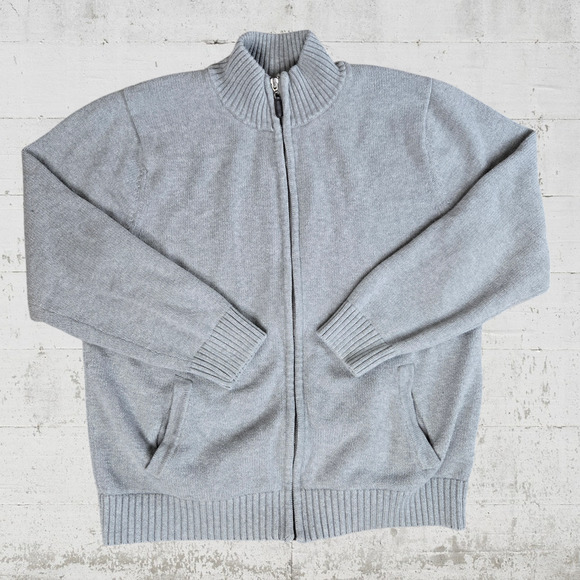 LL Bean Light Gray Mock Neck Classic Full Zip Heavy Knit Sweater Size Large - Picture 1 of 6